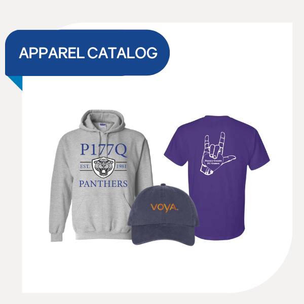 Apparel catalog image featuring a gray hoodie with "P177Q Panthers," a purple T-shirt with a hand sign graphic, and a navy cap with "Voya" text.
