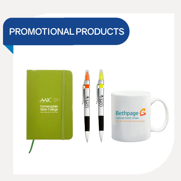 Promotional products including a green notebook from Farmingdale State College, two pens with orange and yellow highlighter tops, and a white mug with the Bethpage Federal Credit Union logo.