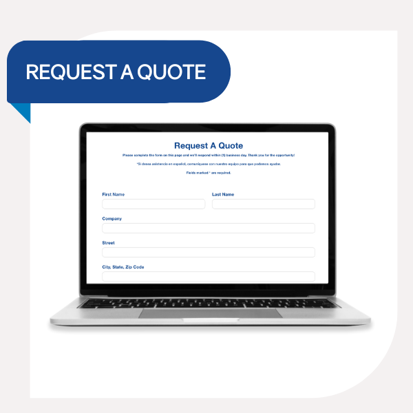 Laptop displaying a 'Request a Quote' form with fields for first name, last name, company, street, and city, state, zip code. Blue bubble with 'Request a Quote' text above the laptop.